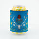 Can with a blue decorative sleeve featuring deer antlers and flowers on a white background