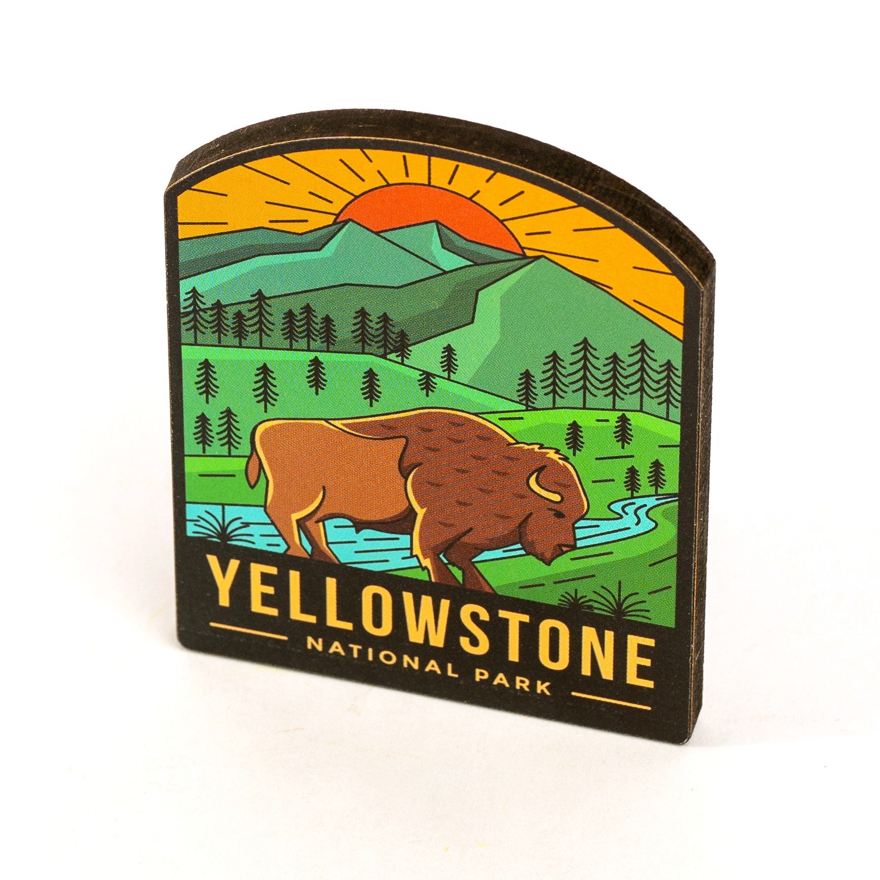 Yellowstone National Park pin on packaging with mountain and bison design