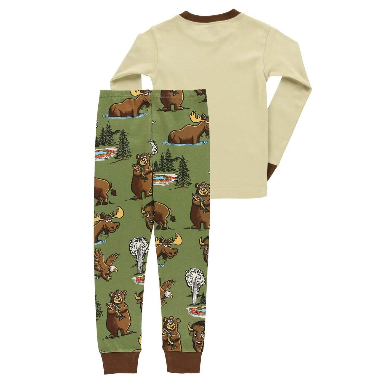 kids pajama set in a brown, tan, and green colorway with a yellowstone national park design on a white background