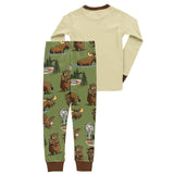kids pajama set in a brown, tan, and green colorway with a yellowstone national park design on a white background