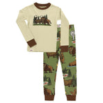 kids pajama set in a brown, tan, and green colorway with a yellowstone national park design on a white background