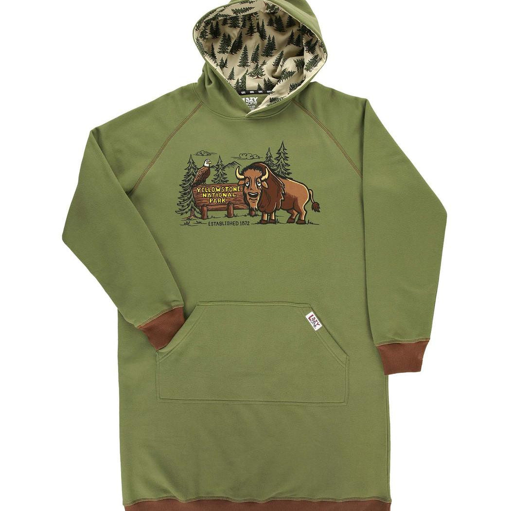 Green hoodie with bison graphic on a white background