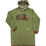 Green hoodie with bison graphic on a white background