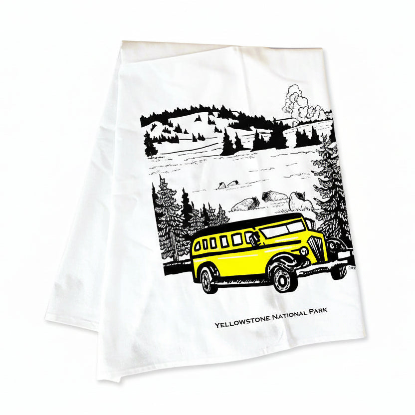 Yellowstone Bus Dish Towel by Corvidae drawings and designs