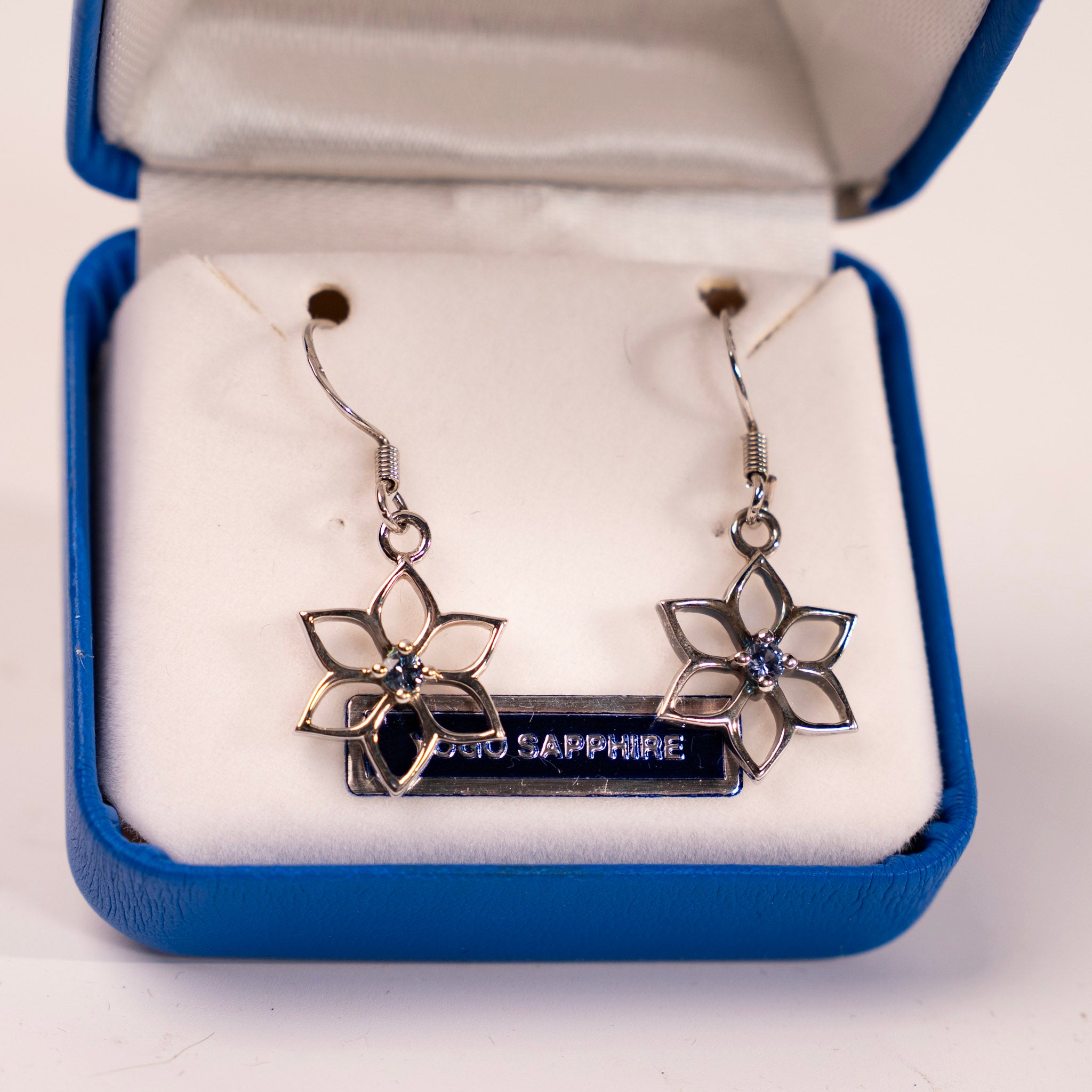 Yogo Sapphire Flower Snowflake Earrings by Mac's Gems
