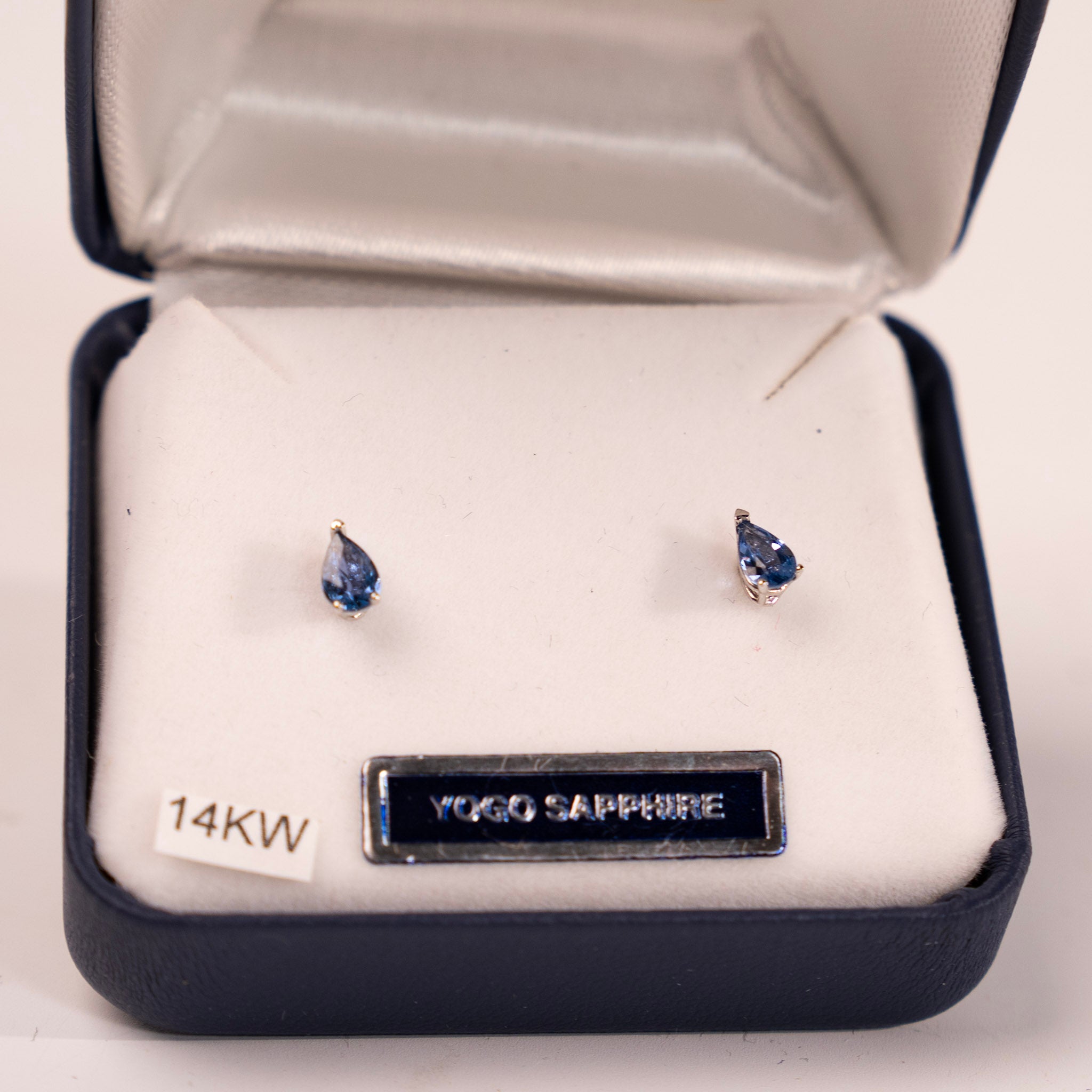 Yogo Sapphire Pear 14K White Gold Earrings - close up