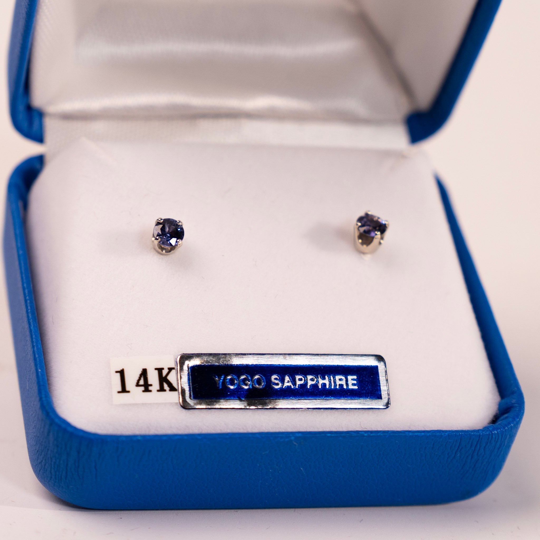 Yogo Sapphire Round 14K White Gold Earrings - close up