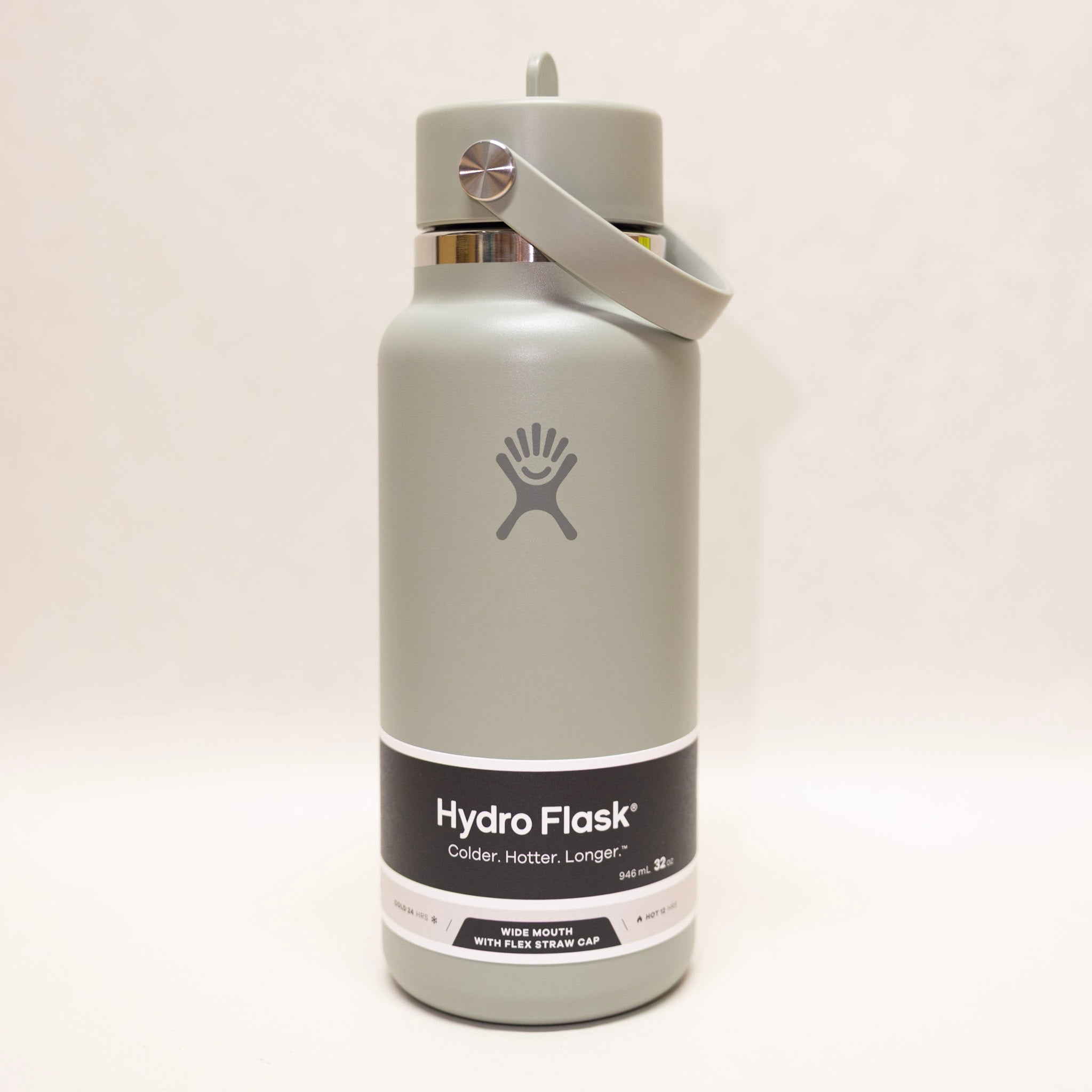 Hydro Flask water bottle with gray cap on a white background