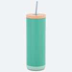 Teal tumbler with a beige lid and straw on a white background