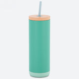 Teal tumbler with a beige lid and straw on a white background