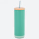 Teal tumbler with a beige lid and straw on a white background