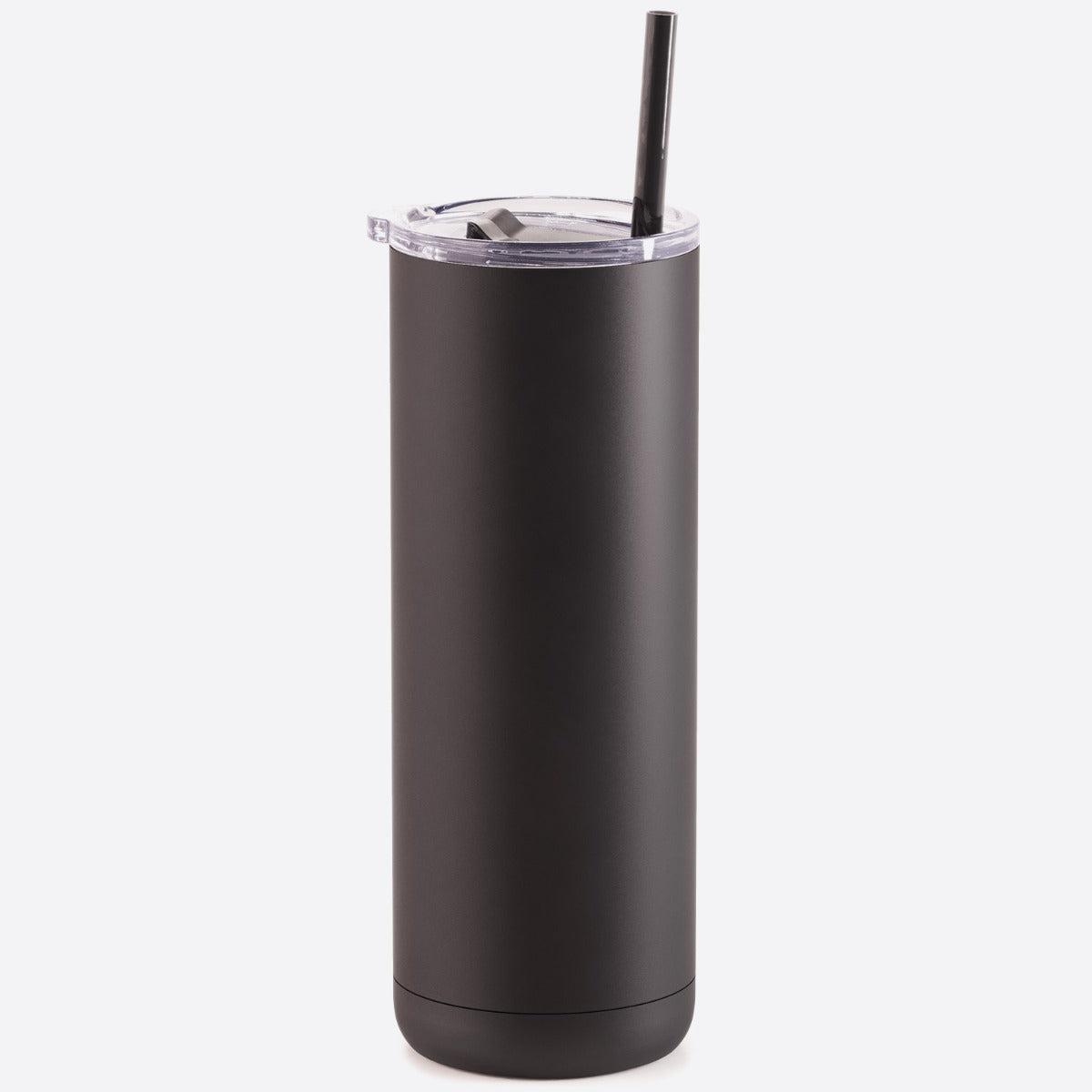 Black tumbler with a straw on a white background