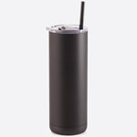 Black tumbler with a straw on a white background