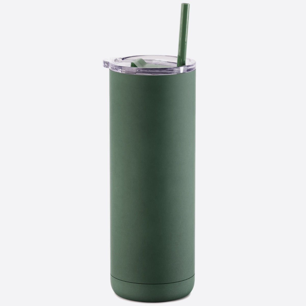 Green tumbler with a straw on a white background