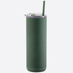 Green tumbler with a straw on a white background