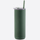 Green tumbler with a straw on a white background