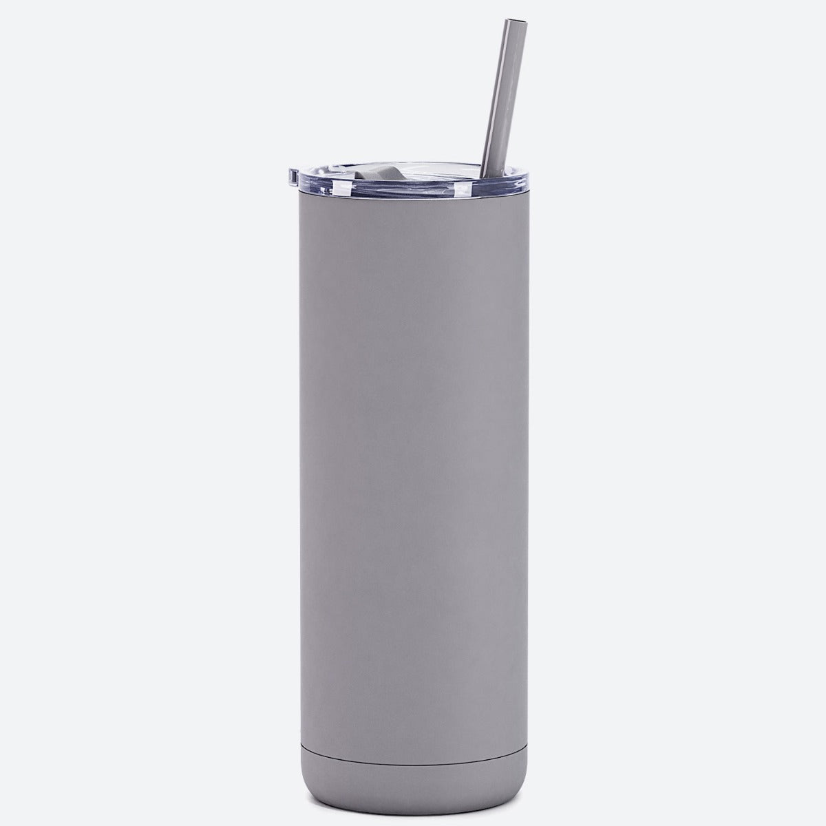 Gray insulated tumbler with a straw on a white background