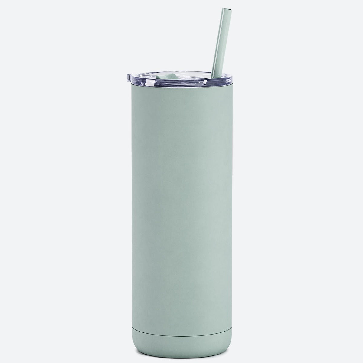 Mint green tumbler with a straw on a white background