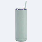 Mint green tumbler with a straw on a white background
