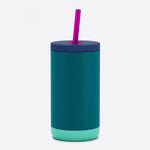 Teal tumbler with a purple straw on a white background