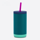 Teal tumbler with a purple straw on a white background