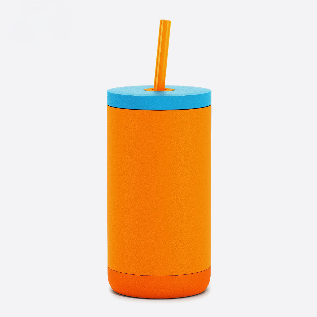 Orange tumbler with a blue lid and straw on a white background
