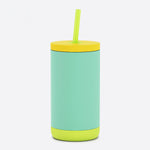 Mint green tumbler with a yellow lid and straw on a white background