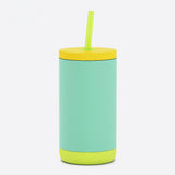 Mint green tumbler with a yellow lid and straw on a white background