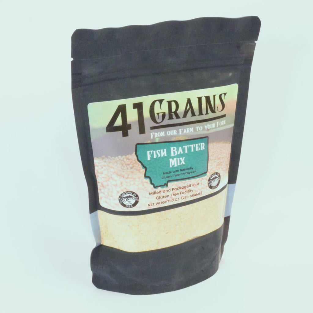 bag of fish batter made in montana on a white background