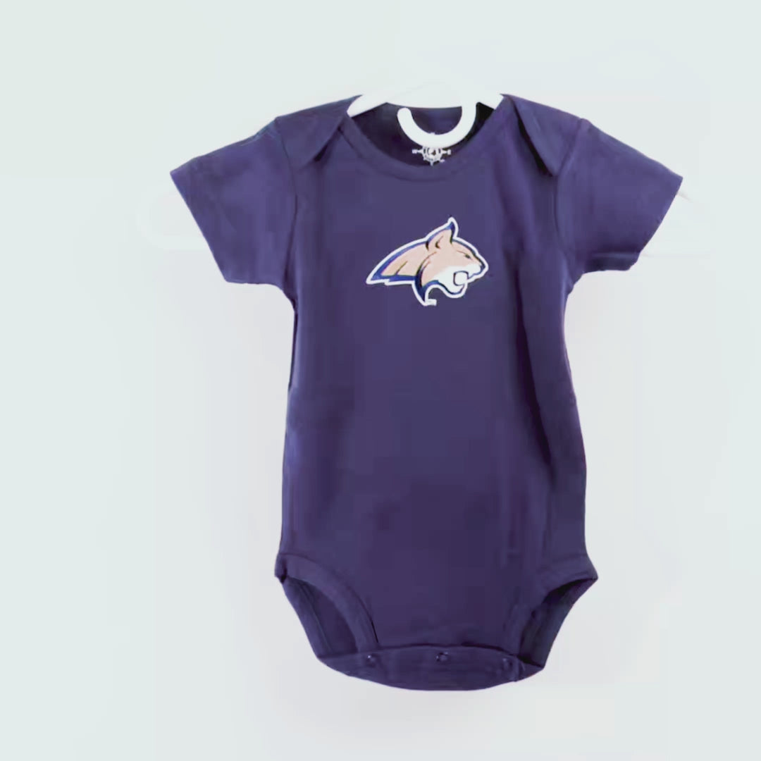 Navy blue baby onesie with a logo on a white background