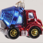 Decorative glass cement truck ornament with a blue mixer on a white background