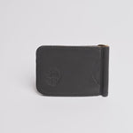 A espresso brown textured leather money clip wallet with a gold-tone metal clip and zipper pull, shown on a clean white background.