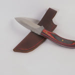 Knife with a wooden handle and leather sheath on a white background