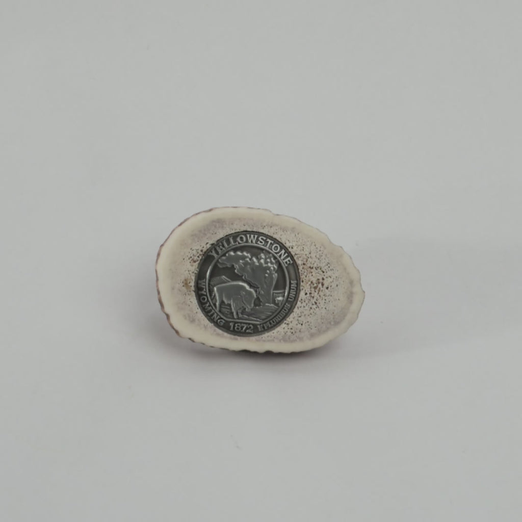 Magnet crafted from sliced antler with a medallion of yellowstone national park at it's center on a white studio background