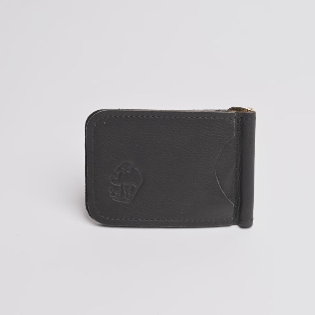 A black textured leather money clip wallet with a debossed logo on the front, shown on a clean white background.