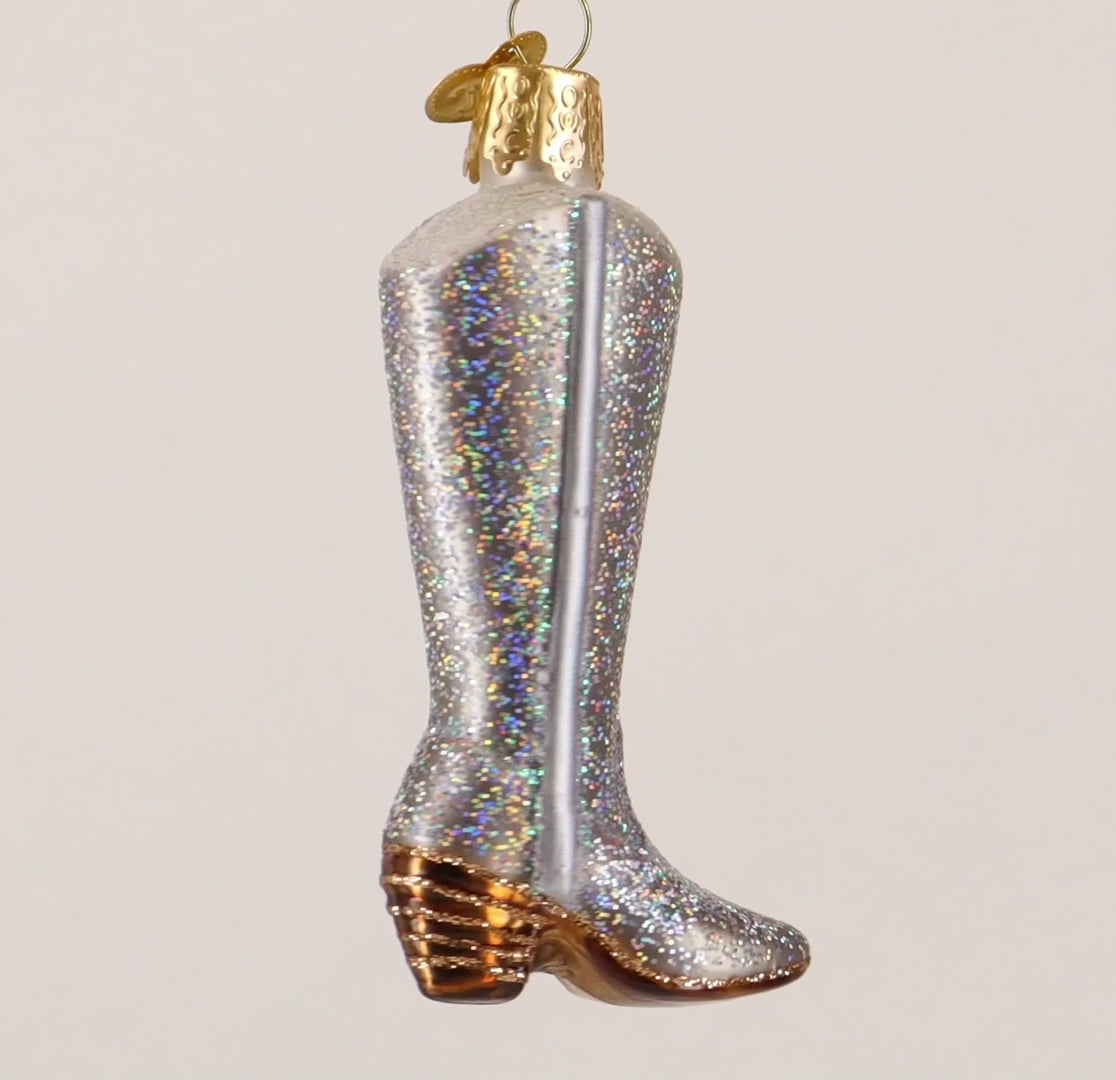 Glittered Western Boot Ornament on White Background