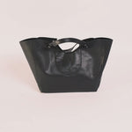 Black leather handbag on a white background