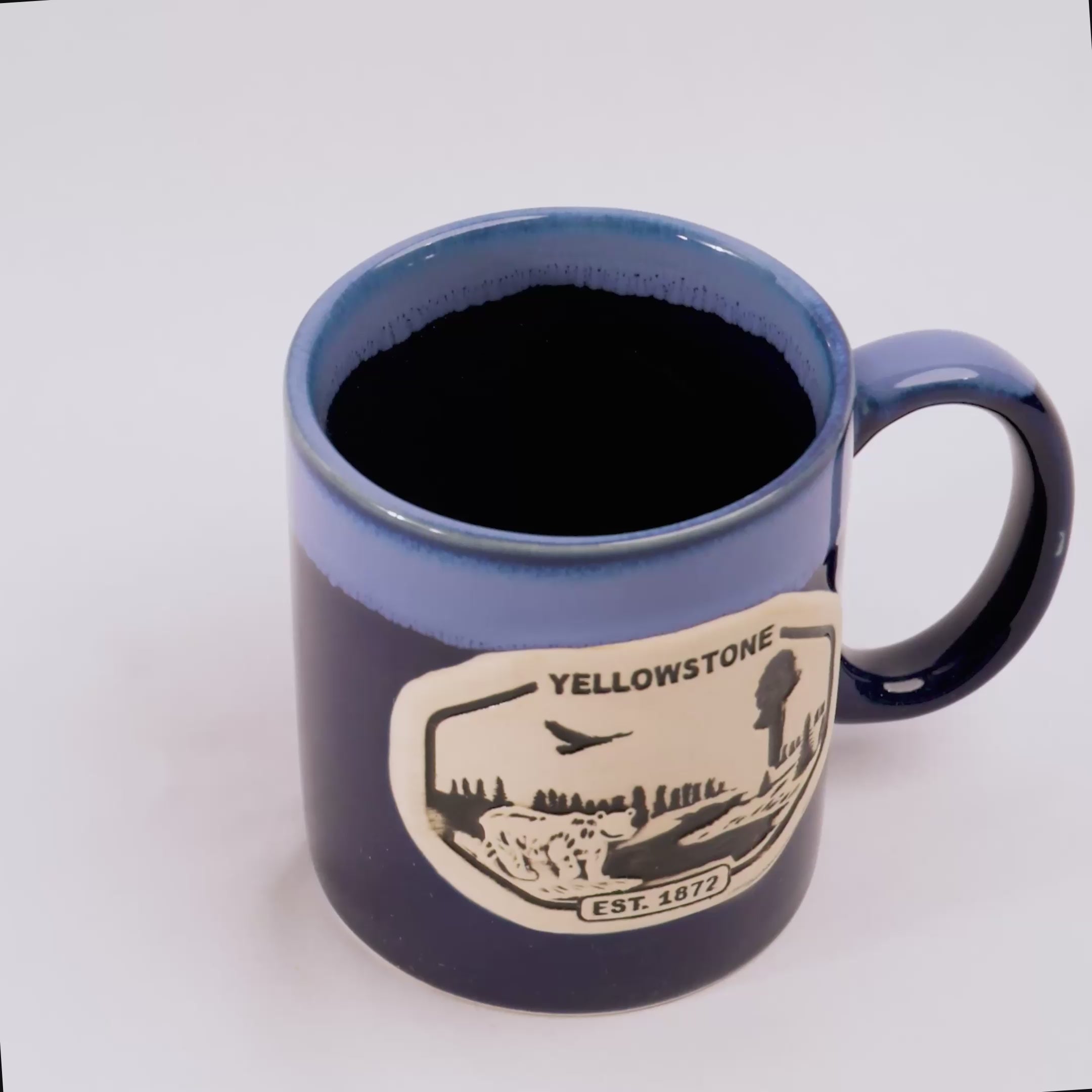 Blue mug with Yellowstone logo on a white background