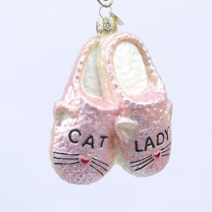 Pink glittery slippers ornament with 'Cat Lady' text on a white background