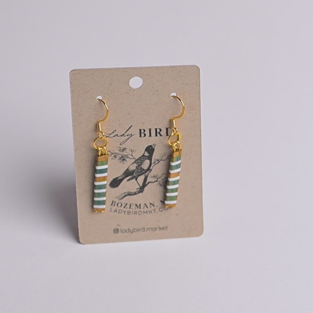 Shiny Green and White Striped Gold Tile Bead Dangle Earrings by Lady Bird Market