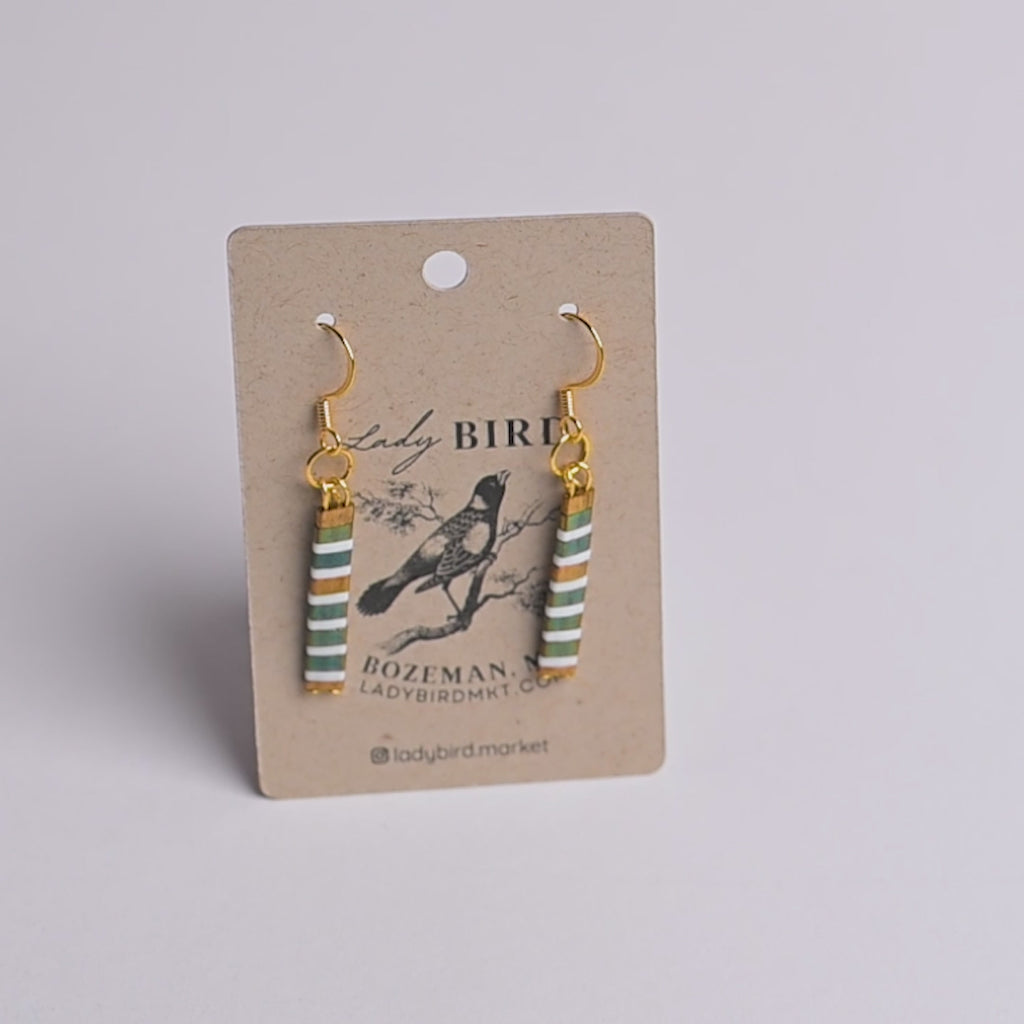 Shiny Green and White Striped Gold Tile Bead Dangle Earrings by Lady Bird Market