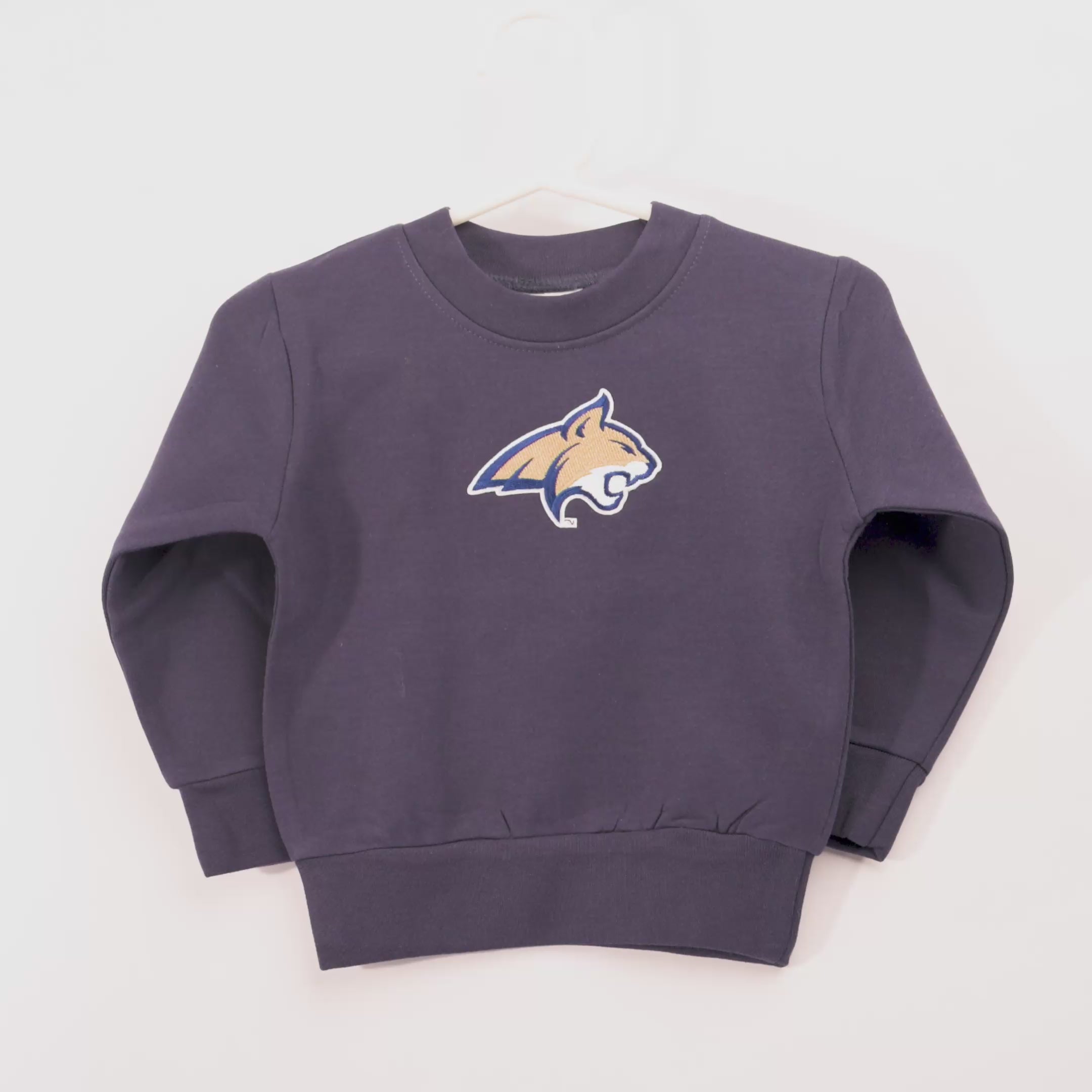 blue sweatshirt with a logo on a white background