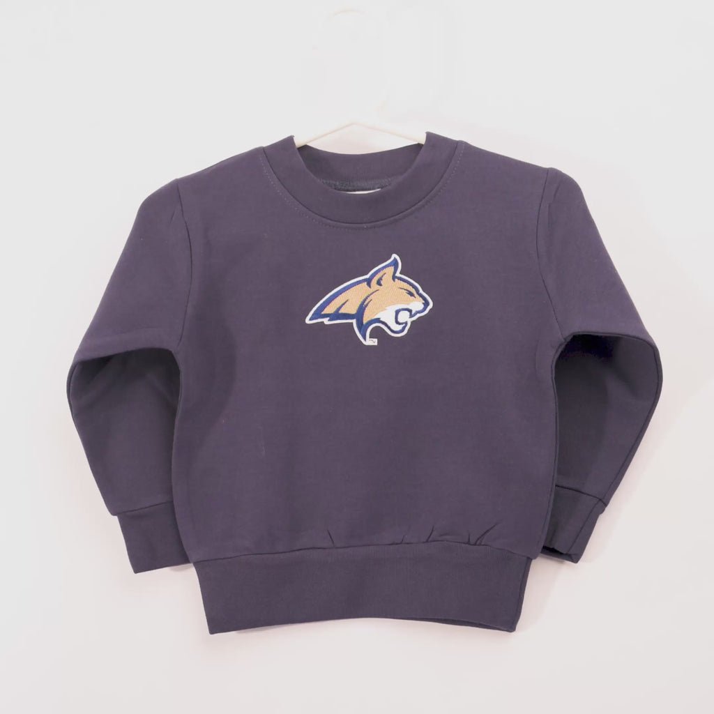 blue sweatshirt with a logo on a white background