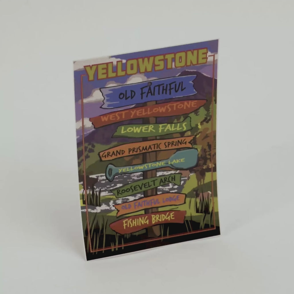Colorful Yellowstone-themed sticker with various locations on a white background