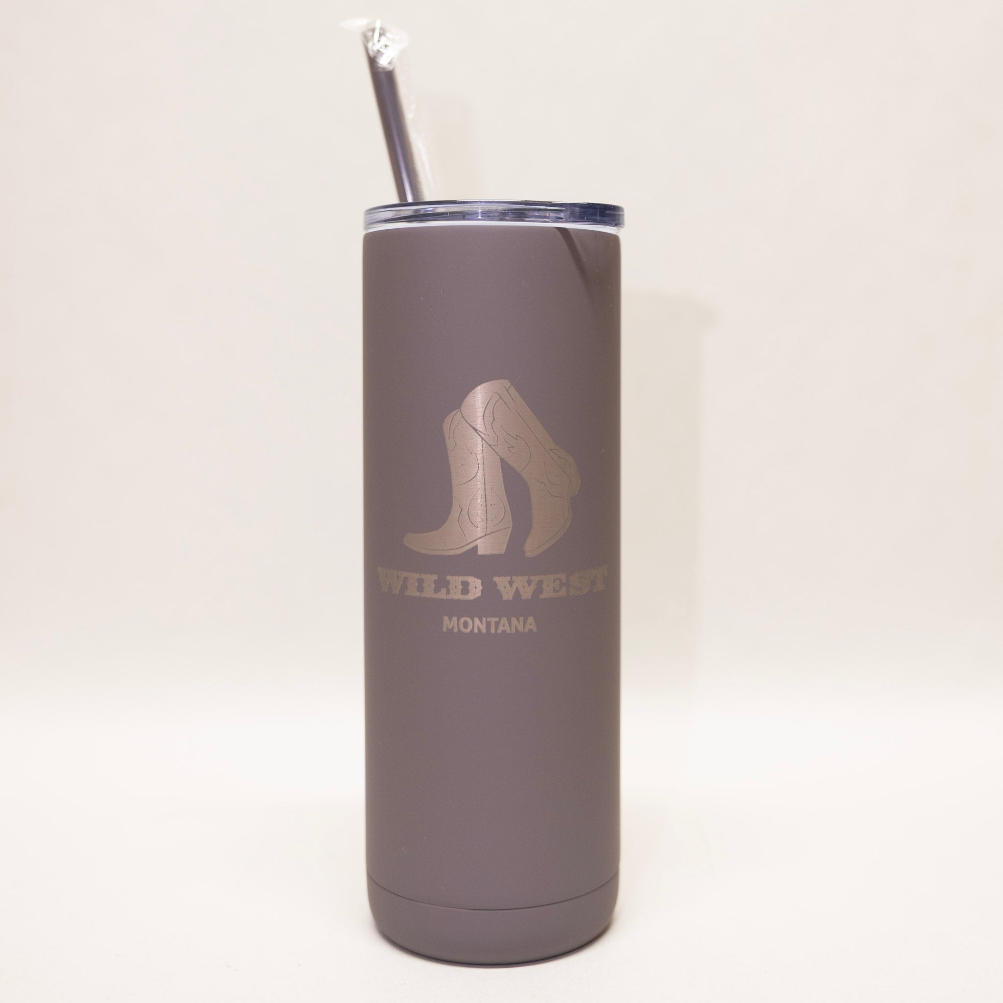 Gray tumbler with 'Wild West Montana' logo on a white background