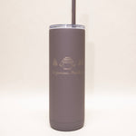 Gray tumbler with a logo and text on a white background
