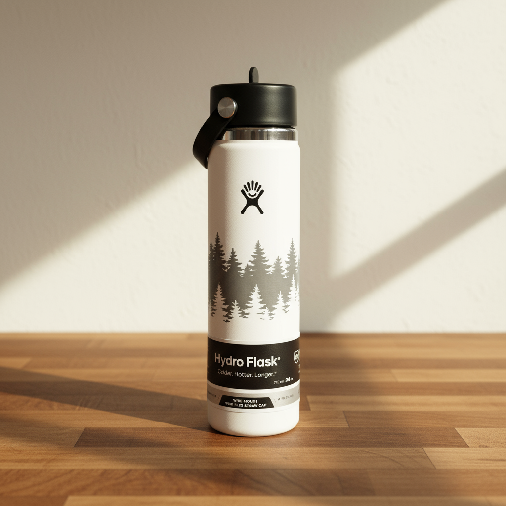 White Hydro Flask water bottle with black lid on a wooden surface
