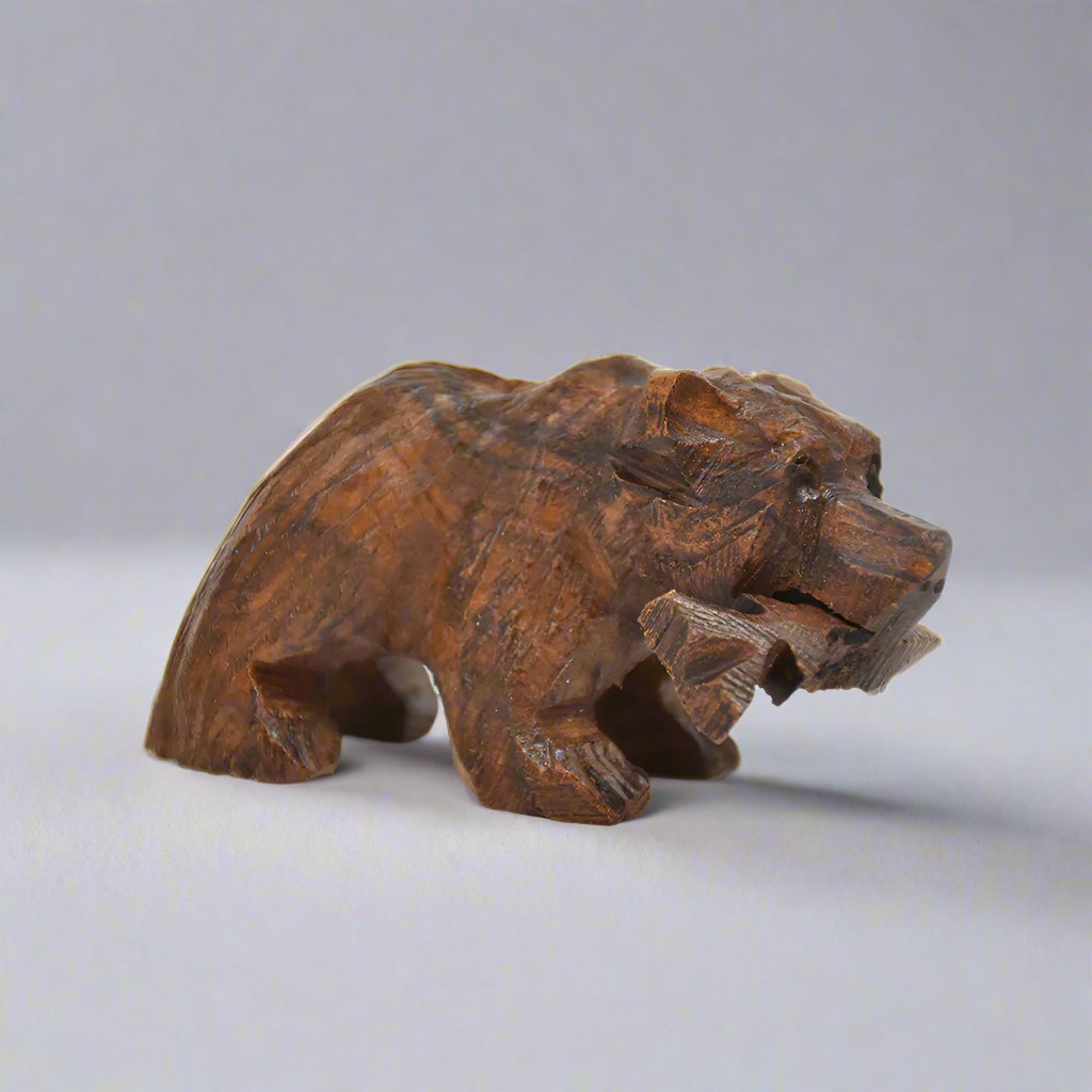 Micro Grizzly Bear with Fish Ironwood Figurine by EarthView Inc.