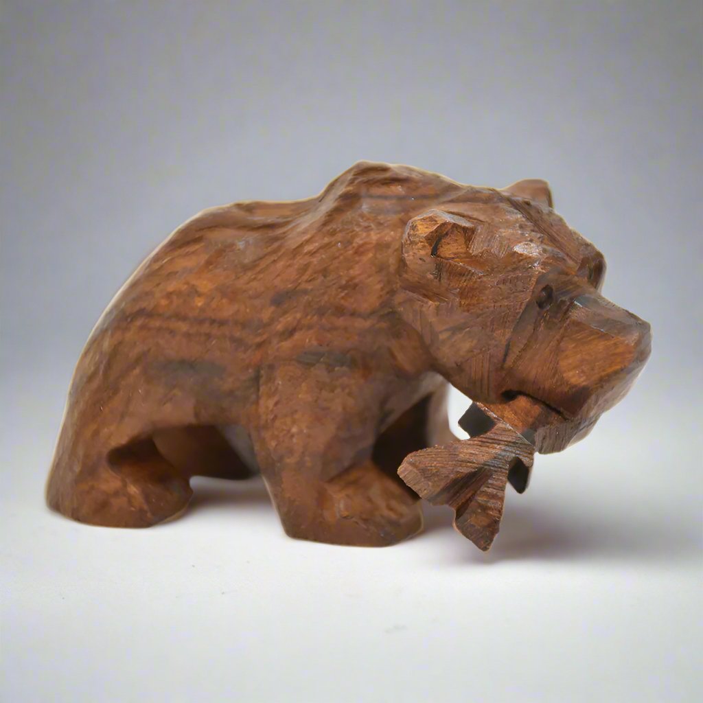 Mini Grizzly Bear with Fish Ironwood Figurine by EarthView, Inc.