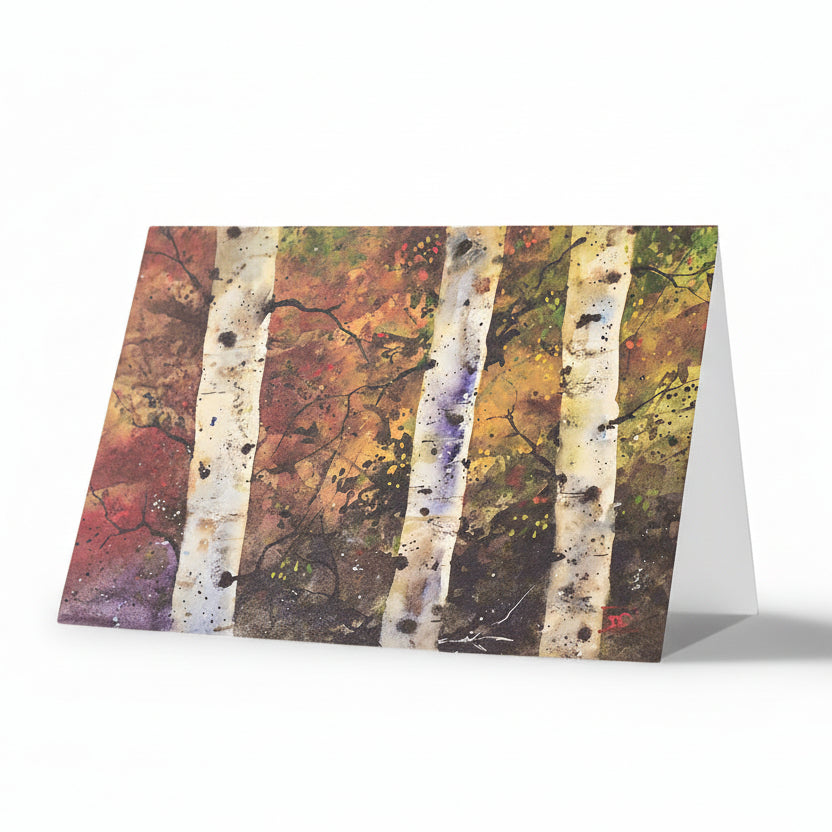 A greeting card featuring a watercolor painting of autumn birch trees by artist Dean Crouser.